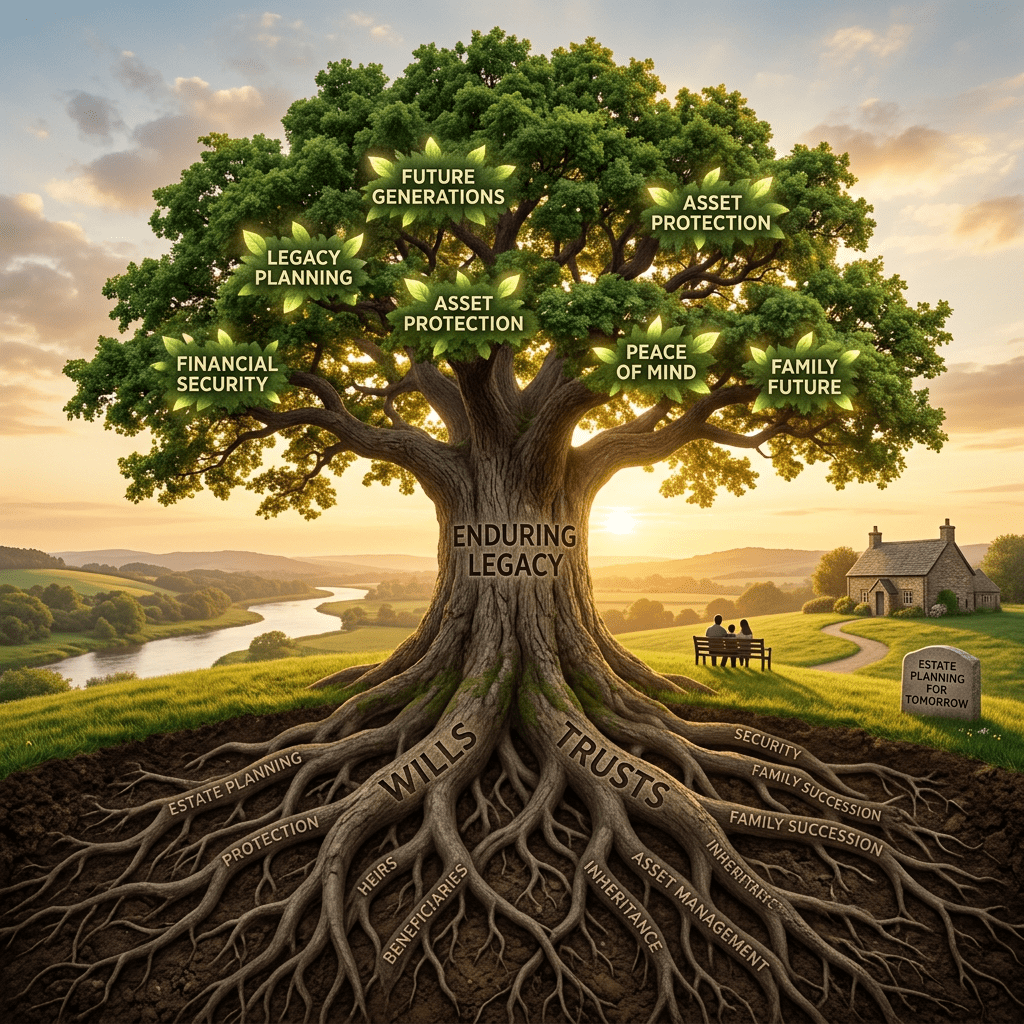 Tree with roots labeled Wills, Trusts, Estate Planning, leading to leaves with Legacy Planning benefits