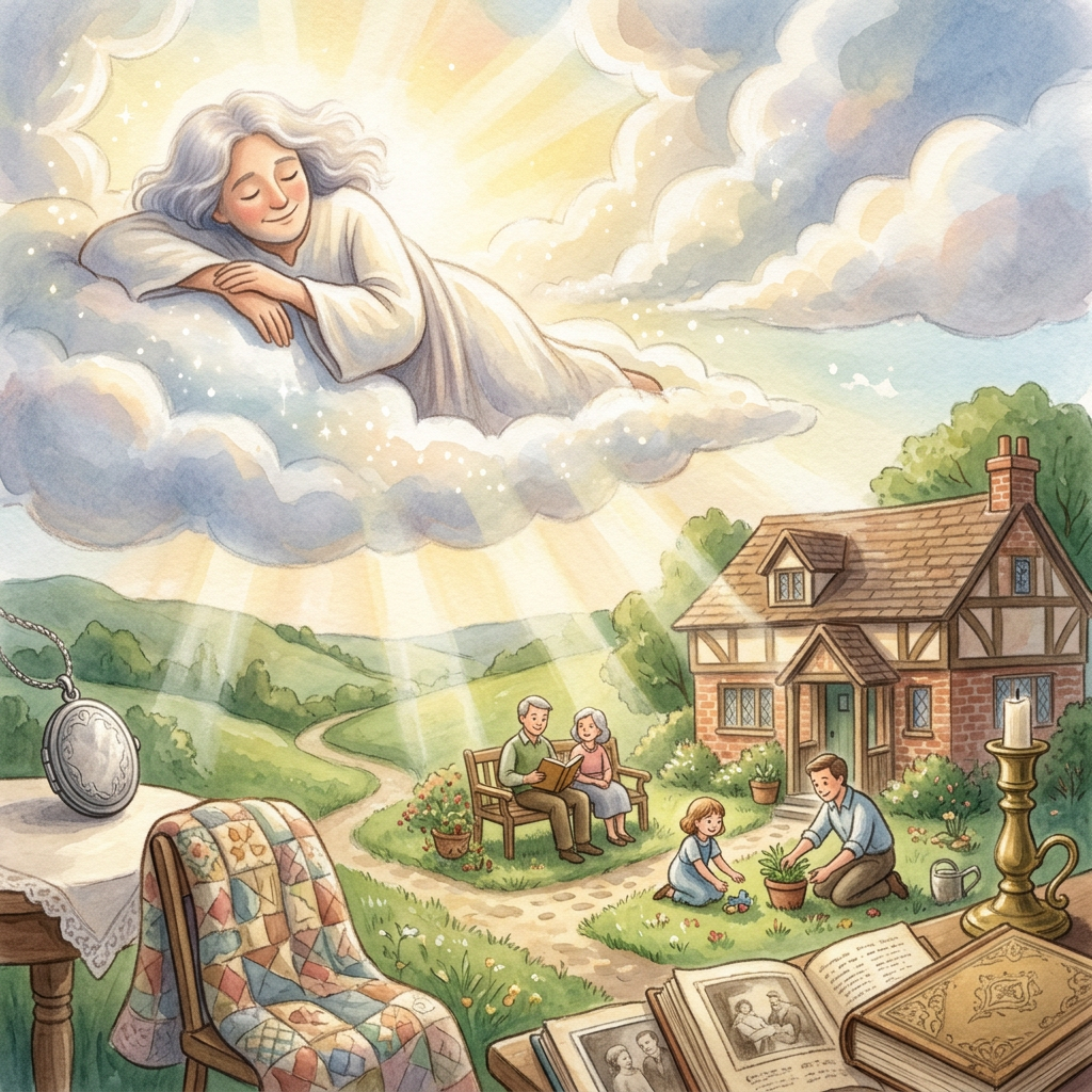 Family gathering outside a cottage beneath a glowing woman in clouds